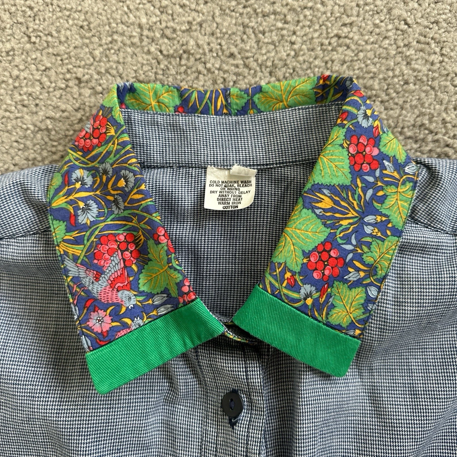 Gorgeous male vintage cotton hound tooth patterned shirt with floral collar Sz M
