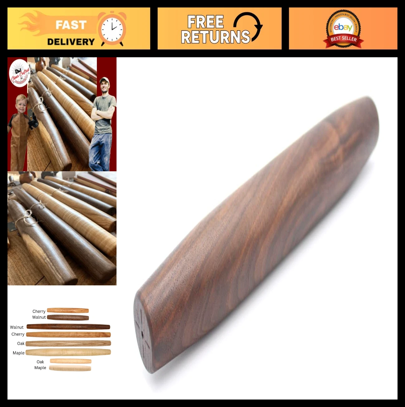 12" Tapered Walnut Rolling Pin for Baking, Pizza, Tortilla & Chapati - Handmade