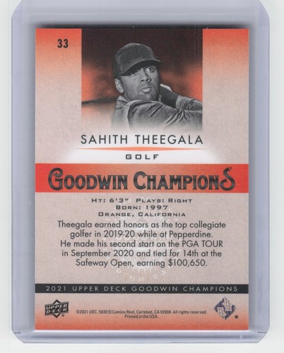 2021 Upper Deck Goodwin Champions Sahith Theegala #33 Orange Rainbow /399 - Bild 2 von 2