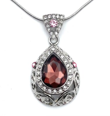 Wholesale Jewelry Lot 12X Crystal Heirloom Teardrop Necklace Silver Tone Pink