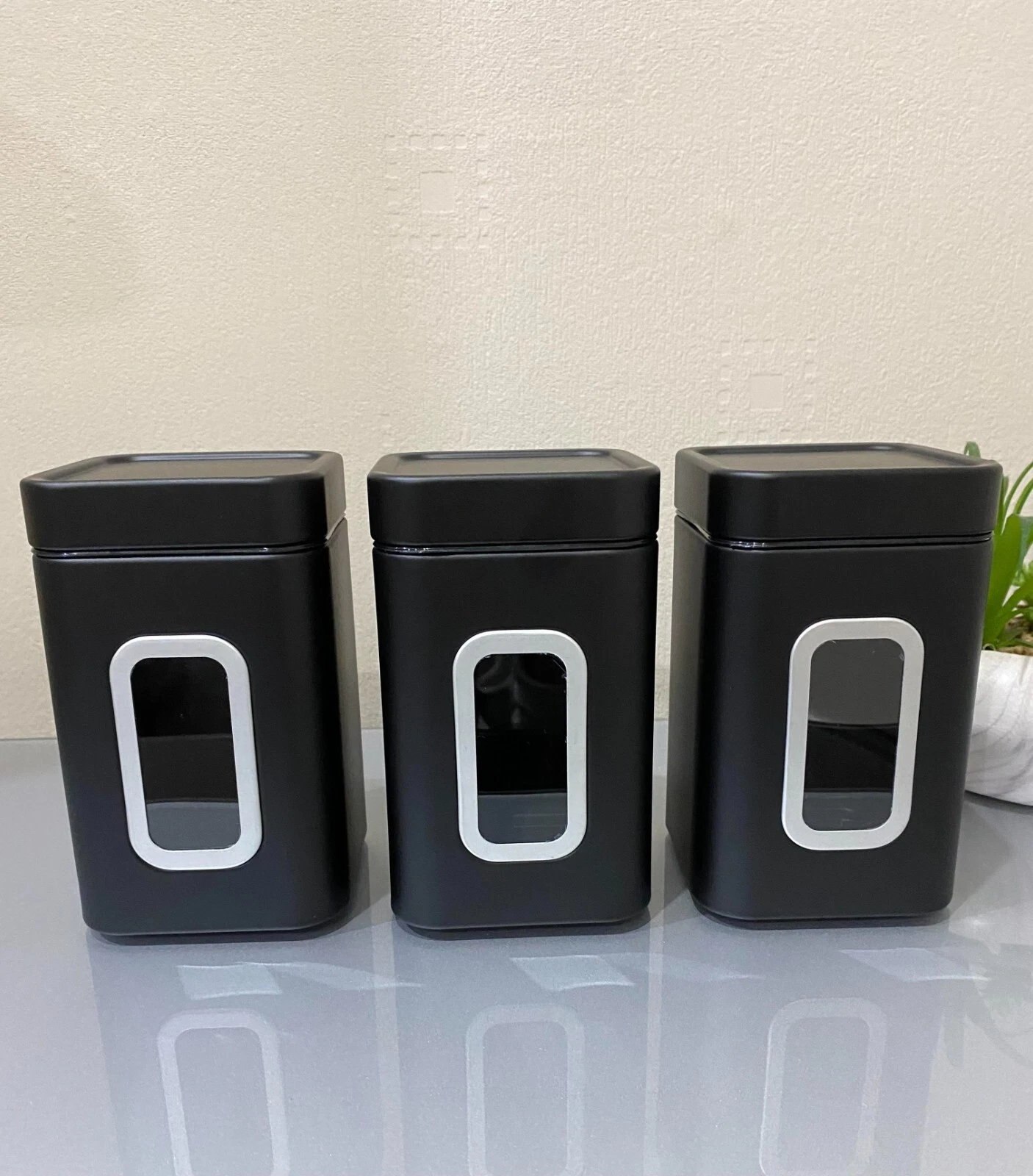 Set of 3 Storage Black Matt Canisters with Window Kitchen Ease & Decoration