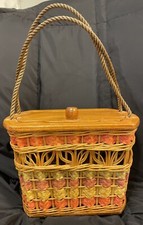 Vintage 50s Bright Woven StrawRattan Basket Purse WoodLid Mid Century Rockabilly