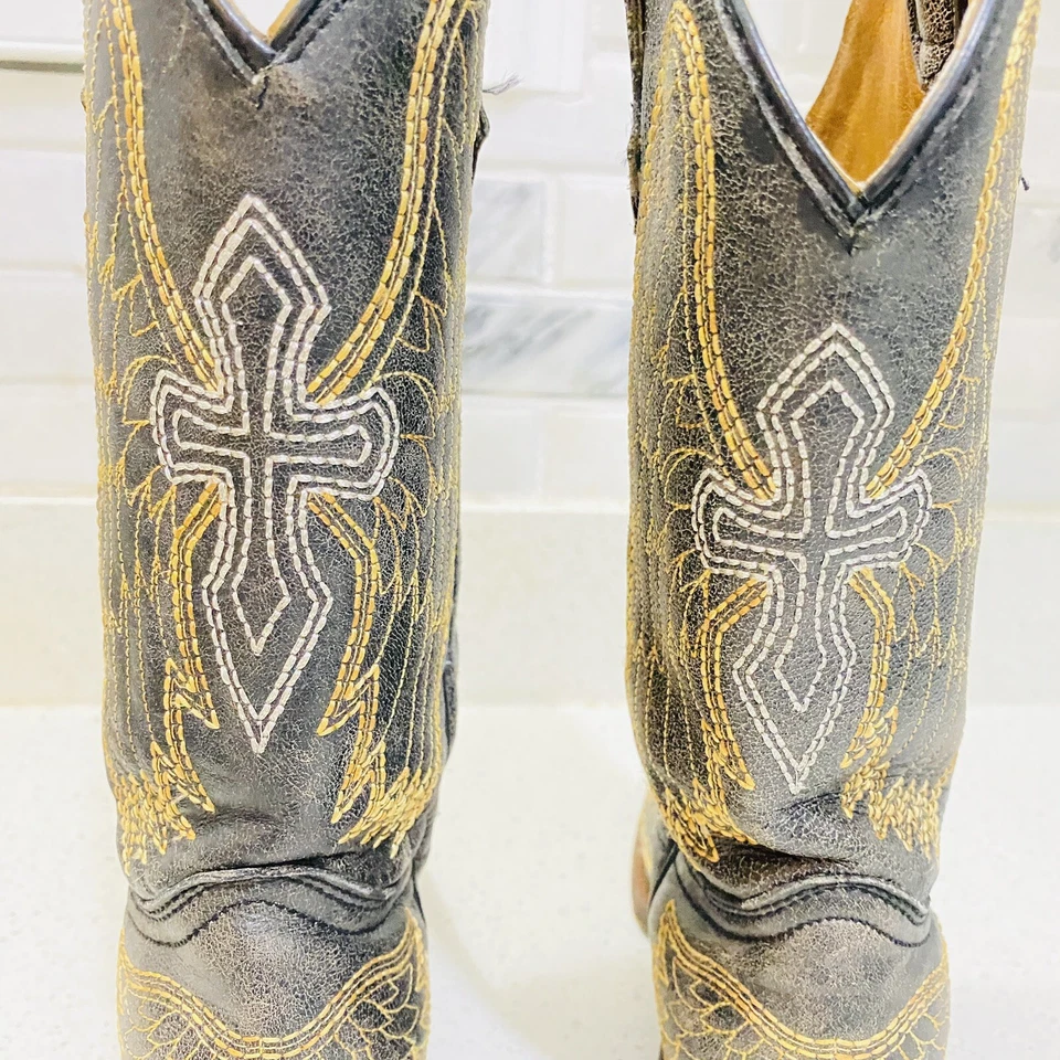 Botas Corral Teen A1029 Youth 4.5T Cuero Negro Envejecido Alas Cruz Punta Corta Foto 4 de 4