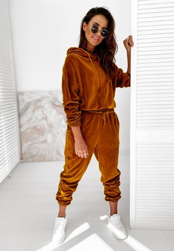 completo set tuta donna maglia pantaloni felpa cappuccio velluto marrone  CS017 | eBay