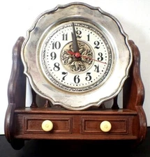 Vintage MCM Spartus Wall Clock Faux Wood Cupboard w/ Pewter Plate 