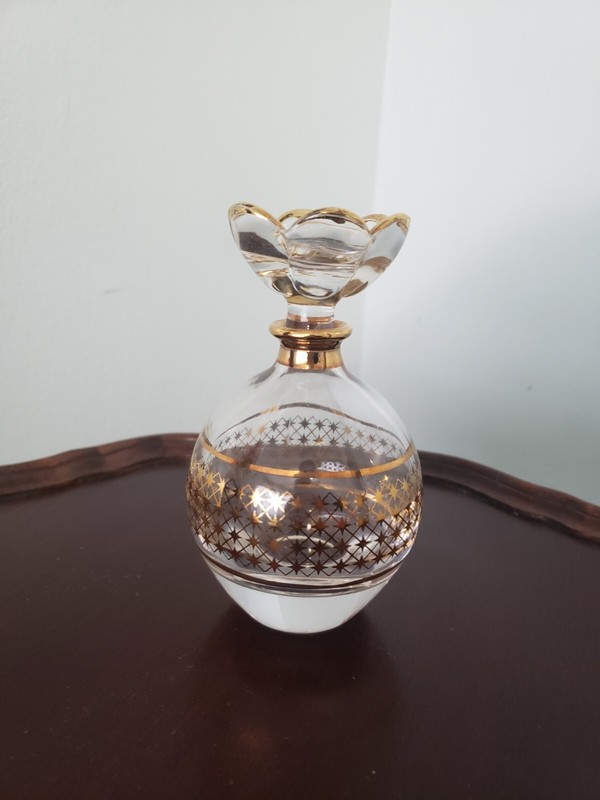 Lead Crystal Perfume Bottle With Flower Stopper And Gold Design, Made In Italy