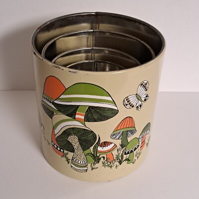 vintage Ransburg Mushroom & Butterflies Metal Canisters no lids