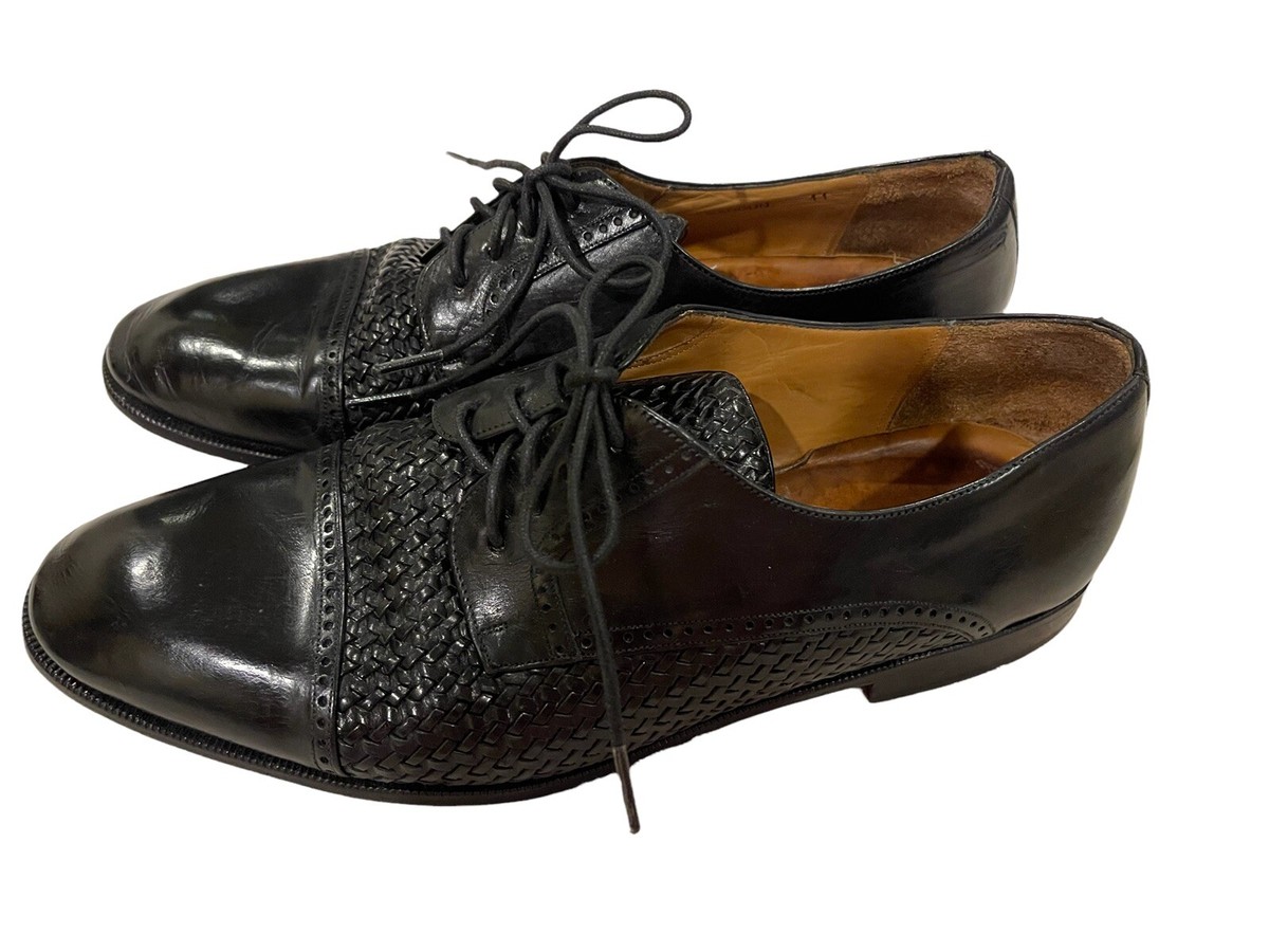 MEZLAN BLACK CAP TOE OXFORDS WITH WOVEN LEATHER MIDSECTION 