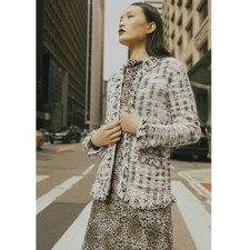 Euc $198 Size Xs Nic + Zoe White & Black Tweed Fringe Trim Blazer Jacket Classy