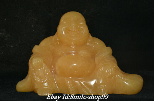 7" China 100% Natural Yellow Jade Carved Happy Laugh Maitreya Buddha Bead Statue