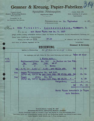 Precipitation, invoice 1927, paper factories Gessner & Kreuzig - coffee filter