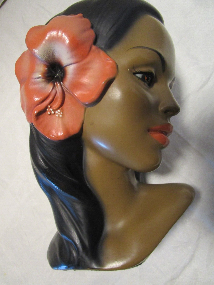 Vintage Hawaiian Hula Girl Bust Marwal Chalkware w/ Hibiscus 9.5