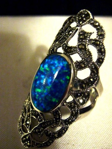 Antique style Blue Green Gilson opal Marcasite Cocktail Ring Sterling Silver N 7 - Picture 6 of 11