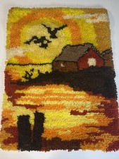 Sunset Silhouettes Vintage Latch hook Wall Hanging Rug Red Orange Flying Birds