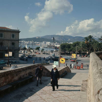 Palma Harbour In Mallorca Sailors And Pedestrians Walk Up Steps Aw- Old Photo