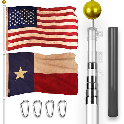 20Ft Telescoping Flagpole SV & USA and Texas Tea Stained Flags Emb 300D 3x5Ft