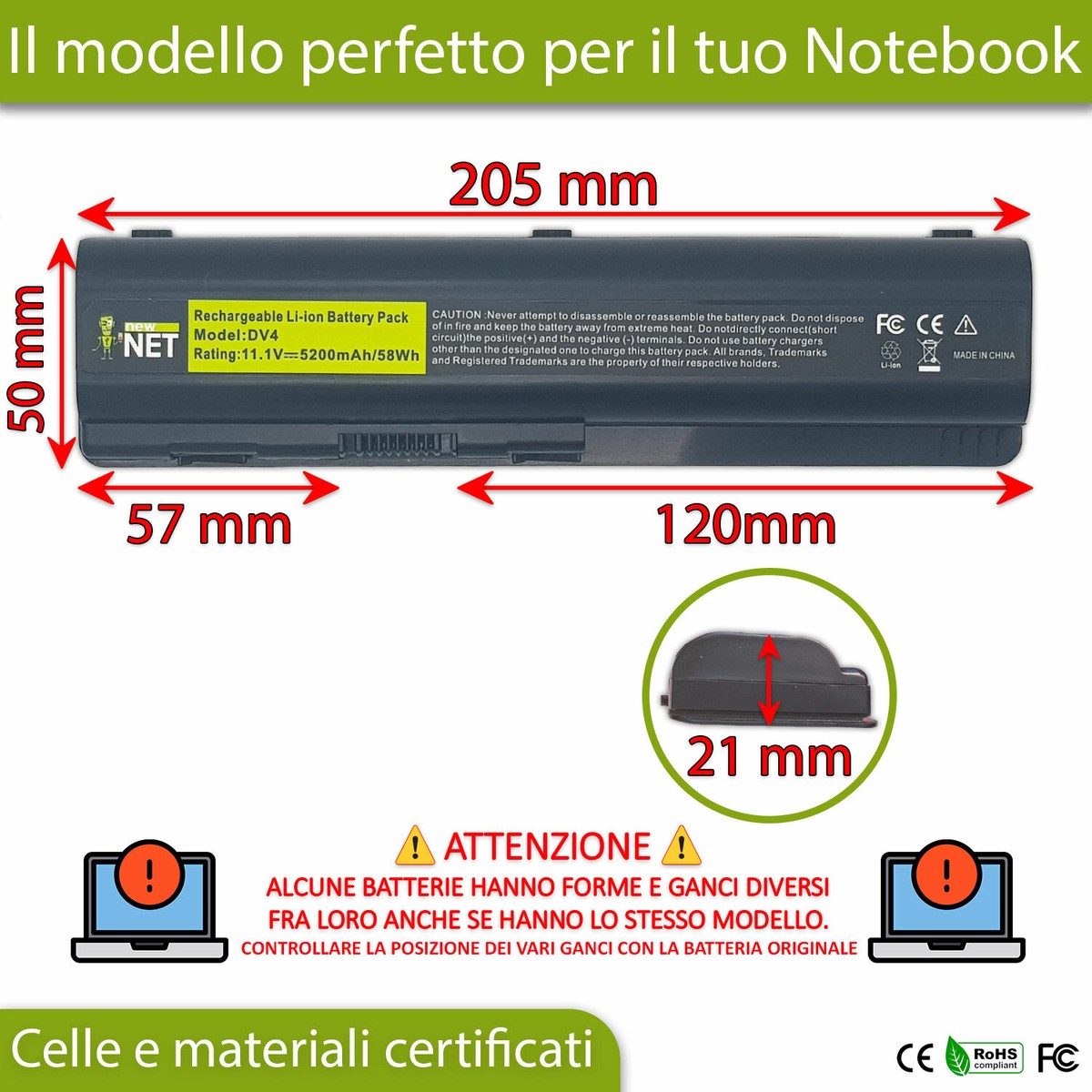Batteria da 5200mAh compatibile con HP HSTNN-Q39C BP-BC74 HSTNN-Q58C