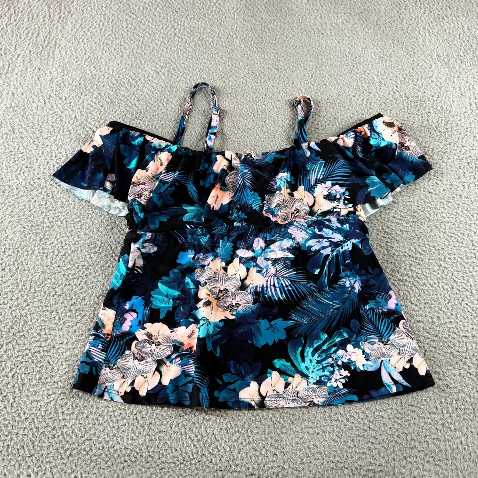 Camiseta Tankini Island Escape Para Mujer Negra La Flor Estampado Floral Con Aros Talla 16W Foto 3 de 4