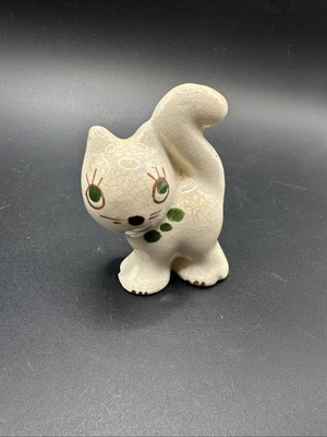 White glass mid century cat figurine reclining | glossy glazed white | statue lo