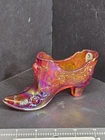 Fenton Art Glass Carnival Iridescent Red Rose Floral Slipper Shoe Figurine TAG