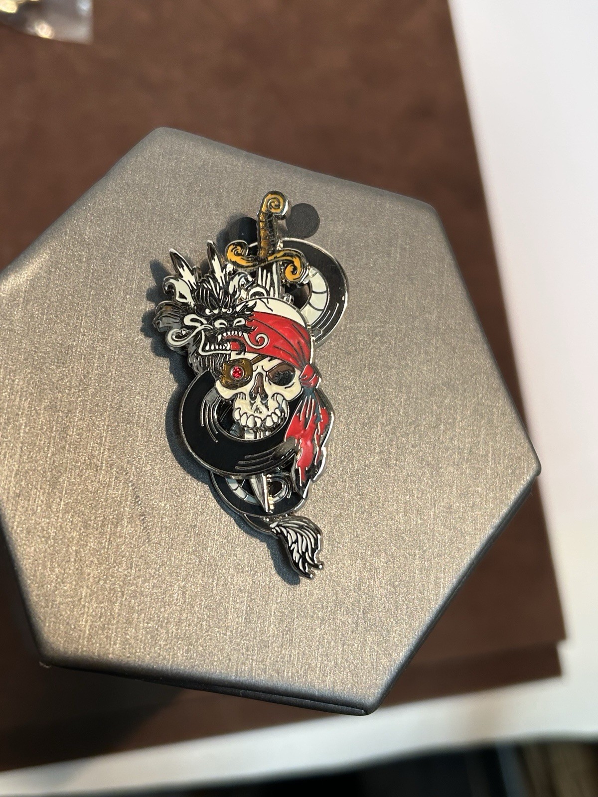 Disney Pirates Caribbean Skull Sliding Sword Pin Dragon Red Rhinestone Eye
