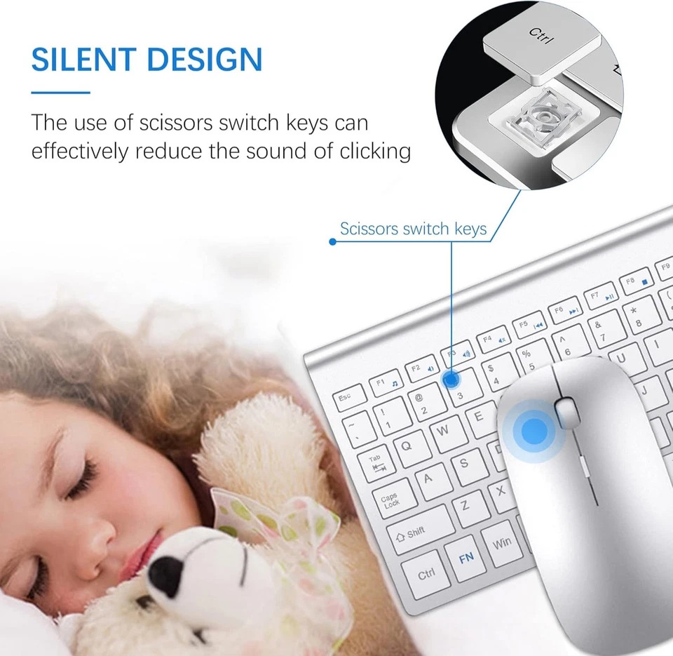 Wireless Ultra Slim Silent Compact USB Keyboard and 2400DPI Mouse - Silver/White - Image 2 of 4