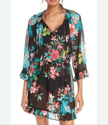 Tommy Bahama sheer swimsuit cover up with ruffle detail three-quarter sleeve wit