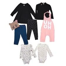 Bundle of 8 Baby Girl Items Dress, Hat, 2 One Piece Tops, Pants, Ovealls and Top