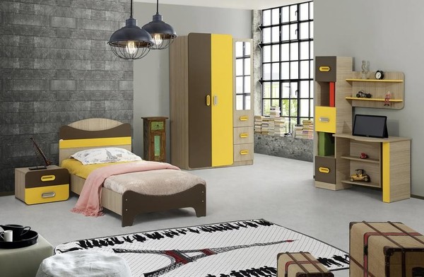 Modernes Set Bett Nachttisch Schreibtisch Kleiderschrank Gelb Braun Kinderzimmer-image