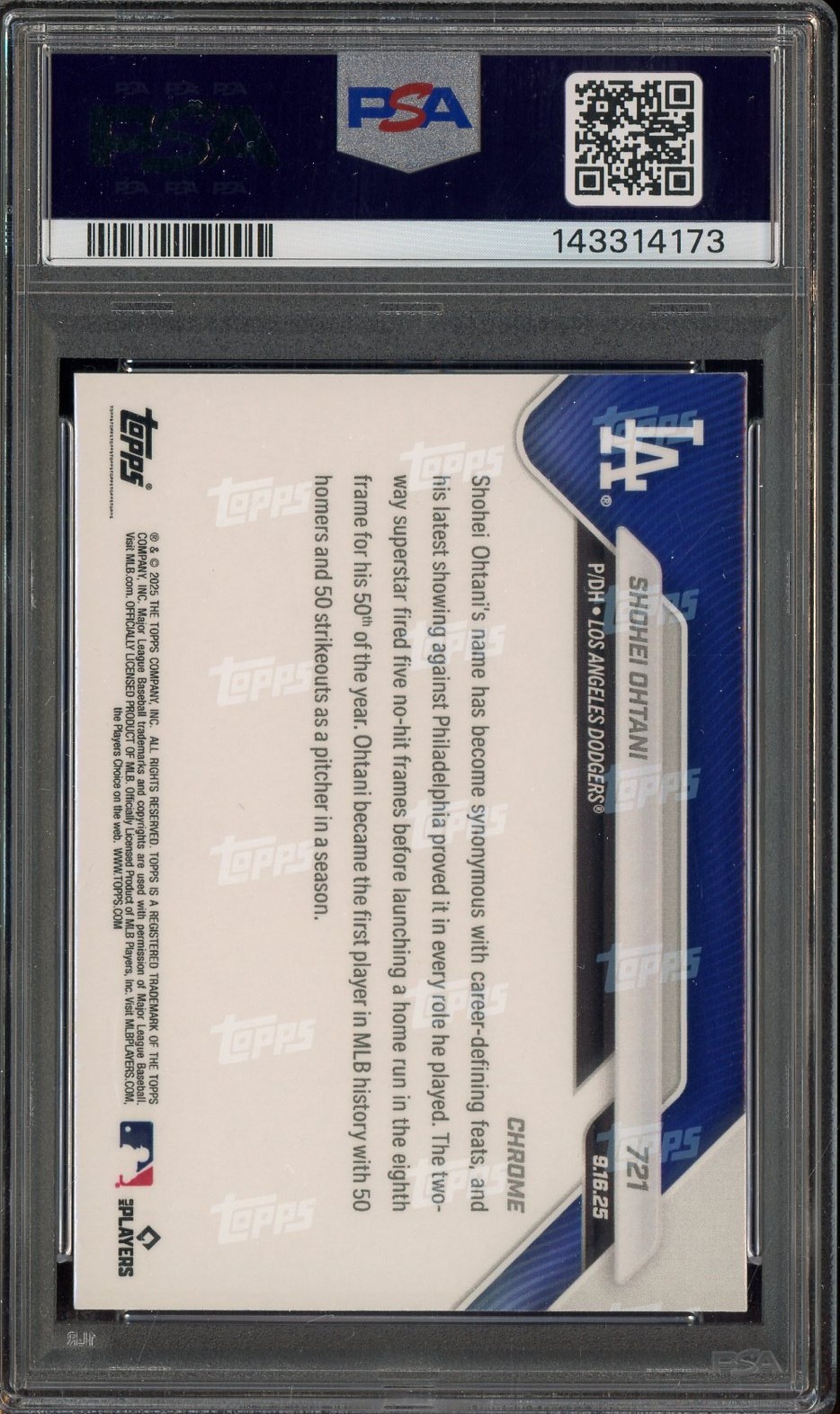 2025 Topps Now Chrome Green Refractor #721 Shohei Ohtani Dodgers 61/99 PSA 8 view 2