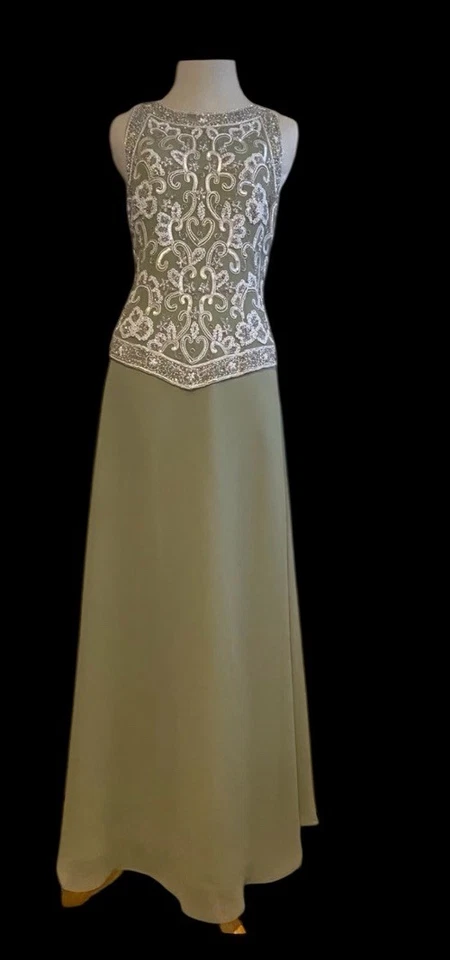 Vestido J Kara con cuentas para mujer talla 14 verde y blanco con cuentas corpiño bufanda sin mangas Foto 4 de 4