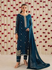 3-Piece Embroidered Blue Eid Party Wear Shalwar Kameez Dress Set S M L Xl