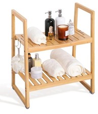 Bamboo 2-Tier Storage Shelf Shower Bench, Bath Seat/Stool/Chair with Handles