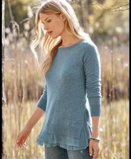 Garnet Hill Cashmere Shirttail Sweater - Dusty Blue - Women’s M - Quiet Luxury