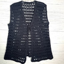 Vintage Black Hand Crocheted Sleeveless Vest Boho Women  s Sz Large Tie Front