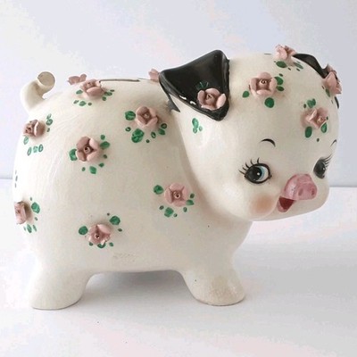 Vintage NORCREST Hand Painted Ceramic Piggy Bank Applied Pink Roses Japan 1950's