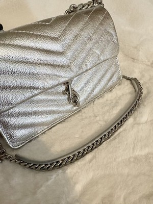 Rebecca Minkoff Metallic SILVER QUILTED CHEVRON LEATHER WALLET  On A Chain