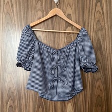 Reclaimed Vintage Navy Blue Gingham Check Tie Front Puff Sleeve Crop Top L