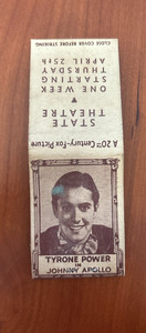 FREE SHIP! State Theatre 20th Century Fox Matchbook Tyrone Power Johnny Apollo