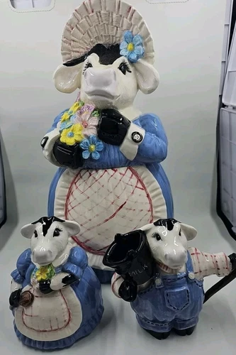 3 Piece Vintage Ceramic Painted Cow Cookie Jar/creamer/ Sugar  canister   