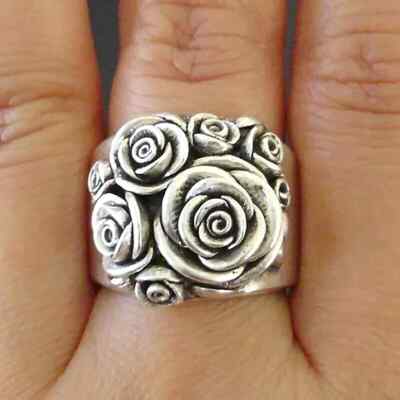 Grober Ring Statement dickes Bündchen breites Band Röhre Vintage Stil Blume Rose Silber