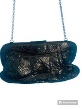 Vintage Saks Fifth Avenue Black Snakeskin Handbag Purse Long Silver Chain Strap