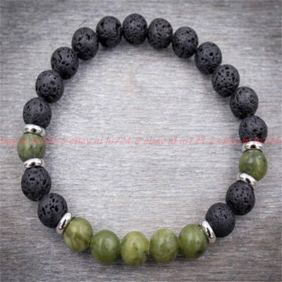 8mm Volcanic Stone Green Jade Mala Bracelet 7.5 Inches Minimalist Bangle