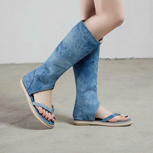 Womens Summer Flip Flops Flats Denim Sandals Boots Knee-High Jeans Zip  Shoes | eBay