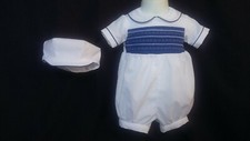 Baby Boy White Christening Romper Wedding Outfit With Blue Accent  Size 0-12M