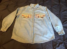 Bobbie Brooks Denim Button Up Shirt Embroidered Christmas Teddy Bear Large Vtg