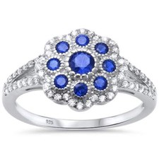 Blue Sapphire Antique Filigree Flower .925 Sterling Silver Ring