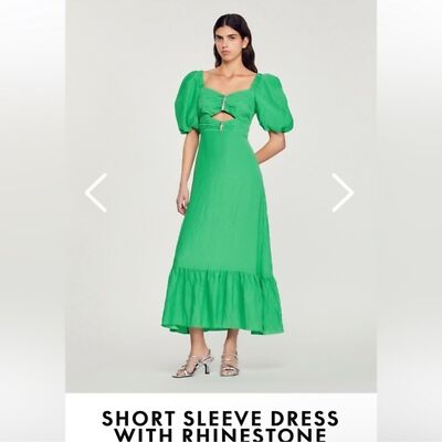 NWT Sandro Paris Falbala Rhinestone Embellished Cutout Green Midi Dress