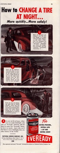 Eveready Battery Change Tire at Night Quickly Flashlight Vintage Print Ad 1946