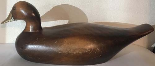 Vintage Hand Carved Solid Wood Duck Glass Eyes Brass Beak Castilian Imports 17" - Picture 3 of 11